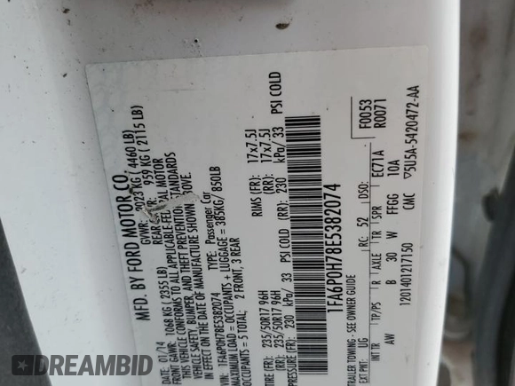 2014 Ford Fusion SE with VIN 1FA6P0H78E5382074, listed as a Copart auction lot 54744195 with 177,825 mi miles and Salvage Title. Bid and sale history available at DreamBid. Image 12.