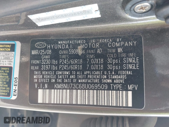 2008 Hyundai Veracruz GLS с VIN KM8NU73C68U069509, выставлен на аукционе IAAI как лот 42615313 с пробегом 129 202 миль миль и . История ставок и продаж доступна на DreamBid. Изображение 9.