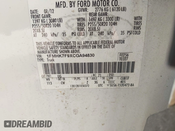 2012 Ford Explorer Limited с VIN 1FMHK7F9XCGA94830, выставлен на аукционе IAAI как лот 42263557 с пробегом 159 473 миль миль и . История ставок и продаж доступна на DreamBid. Изображение 9.