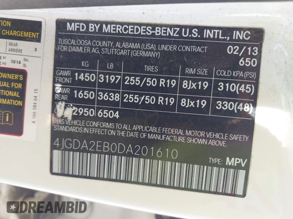 2013 Mercedes-Benz M 350 with VIN 4JGDA2EB0DA201610, listed as a IAAI auction lot 42123259 with 188,416 mi miles and . Bid and sale history available at carsss.com. Image 9.