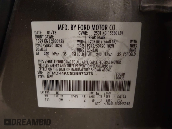 2013 Ford Edge Limited with VIN 2FMDK4KC5DBB73376, listed as a IAAI auction lot 41414042 with 128,699 mi miles. Bid and sale history available at carsss.com. Image 9.