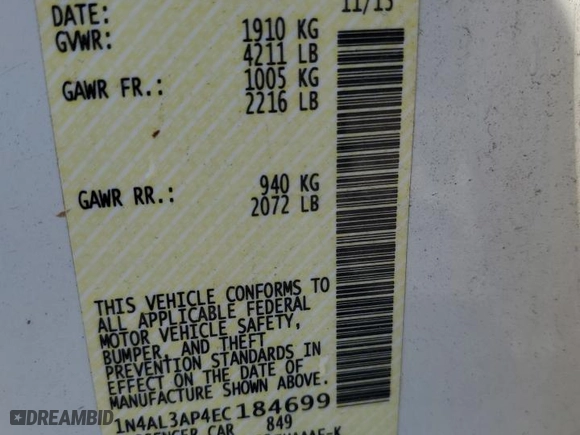 2014 Nissan Altima 2.5 with VIN 1N4AL3AP4EC184699, listed as a Copart auction lot 51177715 with 110,285 mi miles and Salvage Title. Bid and sale history available at carsss.com. Image 12.