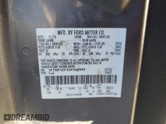 2013 Ford F-150 XL with VIN 1FTMF1EFXDFA91543, listed as a Copart auction lot 77339644 with Not Provided miles and Salvage Title. Bid and sale history available at DreamBid. Image 14.