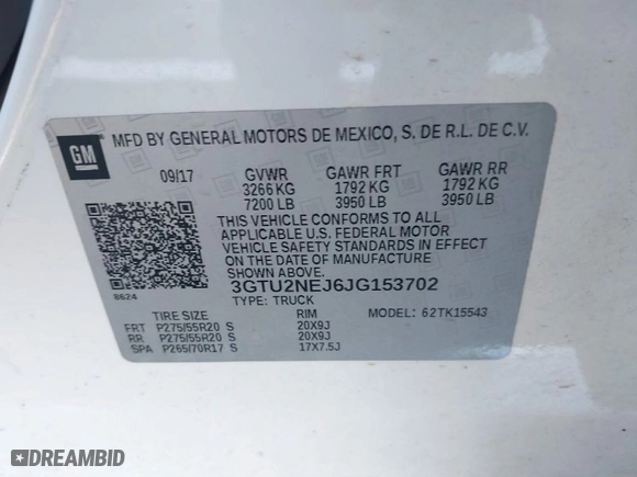 2018 GMC Sierra 1500 SLT with VIN 3GTU2NEJ6JG153702, listed as a IAAI auction lot 41843975 with 171,424 mi miles. Bid and sale history available at carsss.com. Image 9.