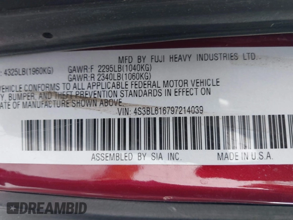 2009 Subaru Legacy Special with VIN 4S3BL616797214039, listed as a IAAI auction lot 41270458 with 76,959 mi miles and . Bid and sale history available at DreamBid. Image 9.