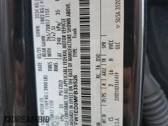 2021 Ford F-150 XL with VIN 1FTFW1ED0MFB39526, listed as a Copart auction lot 83764754 with 65,581 mi miles and Salvage Title. Bid and sale history available at carsss.com. Image 12.