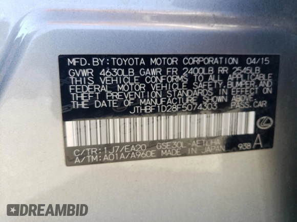 2015 Lexus IS 250 with VIN JTHBF1D28F5074303, listed as a Copart auction lot 46207705 with 101,745 mi miles and Salvage Title. Bid and sale history available at DreamBid. Image 12.