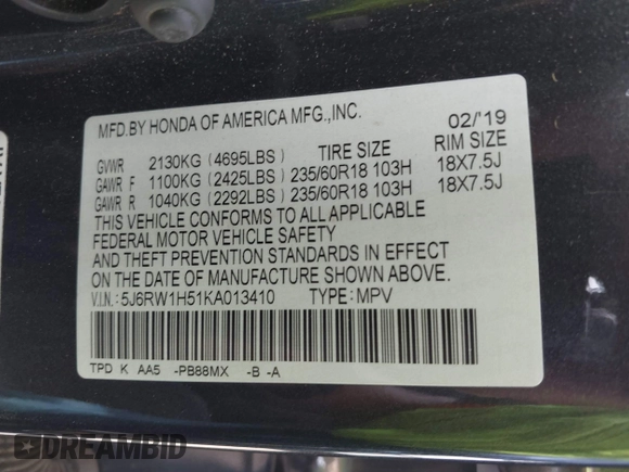 2019 Honda CR-V EX with VIN 5J6RW1H51KA013410, listed as a IAAI auction lot 41896830 with 119,099 mi miles. Bid and sale history available at carsss.com. Image 9.