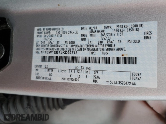 2018 Ford F-150 XL with VIN 1FTEW1EB7JKD92713, listed as a Copart auction lot 65621244 with 32,671 mi miles and Salvage Title. Bid and sale history available at carsss.com. Image 14.
