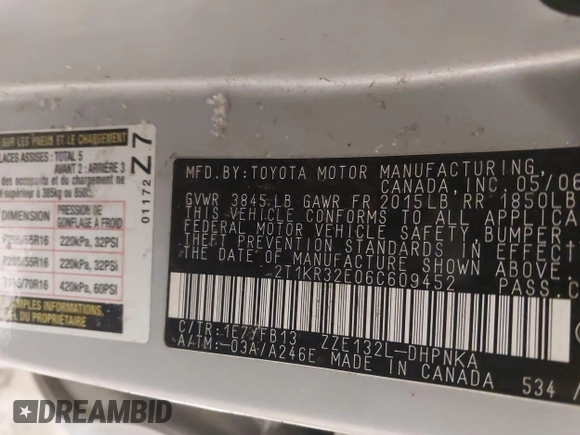 2006 Toyota Matrix STD with VIN 2T1KR32E06C609452, listed as a IAAI auction lot 41308880 with 192,464 mi miles and . Bid and sale history available at DreamBid. Image 9.