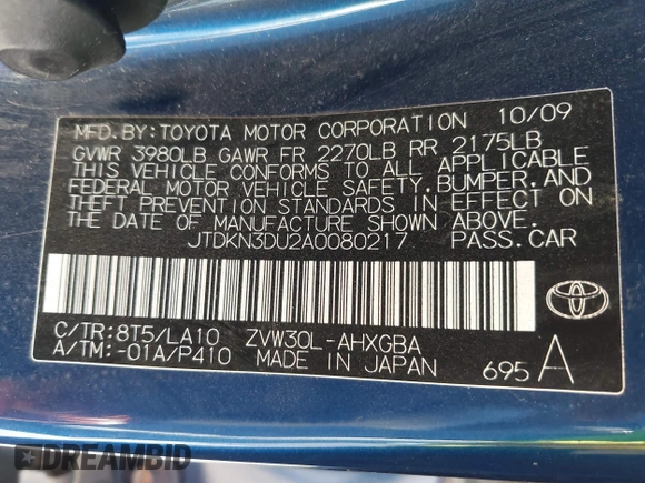 2010 Toyota Prius II with VIN JTDKN3DU2A0080217, listed as a IAAI auction lot 41188124 with 172,755 mi miles. Bid and sale history available at carsss.com. Image 9.