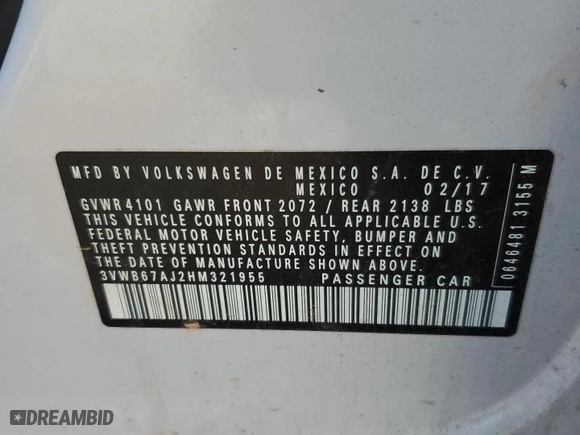 2017 Volkswagen Jetta 1.4T SE with VIN 3VWB67AJ2HM321955, listed as a Copart auction lot 81296634 with 94,085 mi miles and Salvage Title. Bid and sale history available at carsss.com. Image 12.