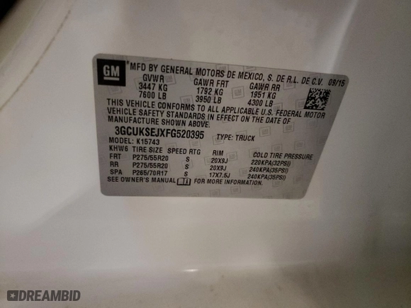 2015 Chevrolet Silverado 1500 LTZ with VIN 3GCUKSEJXFG520395, listed as a Copart auction lot 46836645 with 0 mi miles and Salvage Title. Bid and sale history available at carsss.com. Image 12.