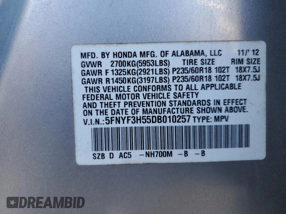 2013 Honda Pilot EX-L with VIN 5FNYF3H55DB010257, listed as a Copart auction lot 47375155 with 244,586 mi miles and Salvage Title. Bid and sale history available at DreamBid. Image 13.