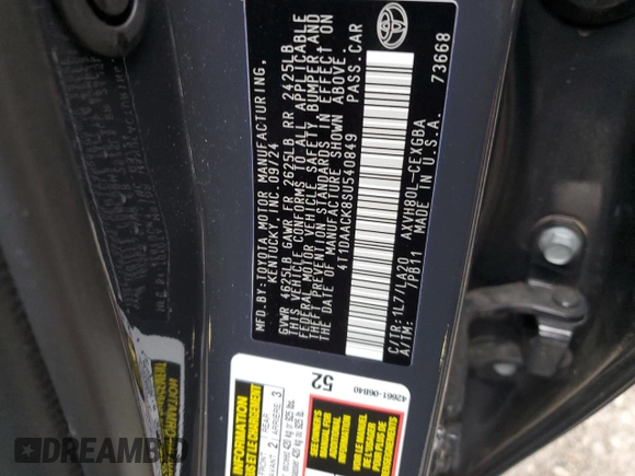 2025 Toyota Camry LE with VIN 4T1DAACK8SU540849, listed as a Copart auction lot 49209655 with 11,244 mi miles and Salvage Title. Bid and sale history available at DreamBid. Image 12.