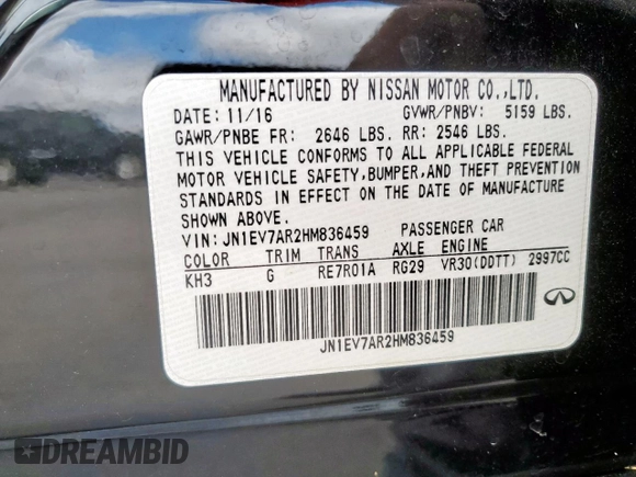 2017 Infiniti Q50 Premium with VIN JN1EV7AR2HM836459, listed as a Copart auction lot 62679735 with 91,161 mi miles and Salvage title. Bid and sale history available at DreamBid. Image 13.