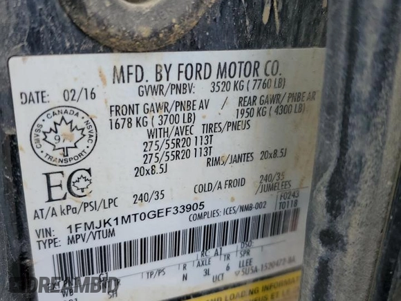 2016 Ford Expedition Max Platinum with VIN 1FMJK1MT0GEF33905, listed as a Copart auction lot 57138255 with 177,075 mi miles and Clean title. Bid and sale history available at DreamBid. Image 13.