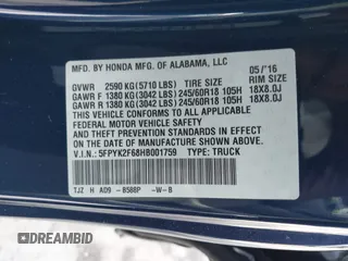 2017 Honda Ridgeline RTL-T with VIN 5FPYK2F68HB001759, listed as a IAAI auction lot 41562343 with 59,633 mi miles and . Bid and sale history available at DreamBid. Image 9.
