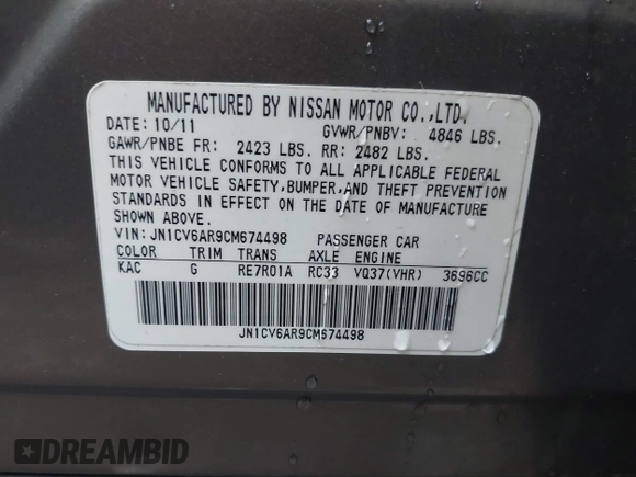 2012 Infiniti G37 x with VIN JN1CV6AR9CM674498, listed as a IAAI auction lot 41766567 with 186,157 mi miles and . Bid and sale history available at DreamBid. Image 9.