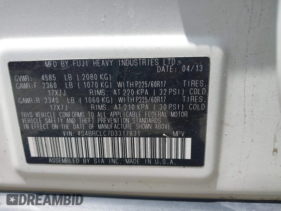 2013 Subaru Outback Limited with VIN 4S4BRCLC7D3317831, listed as a IAAI auction lot 42551899 with 194,617 mi miles and . Bid and sale history available at DreamBid. Image 9.