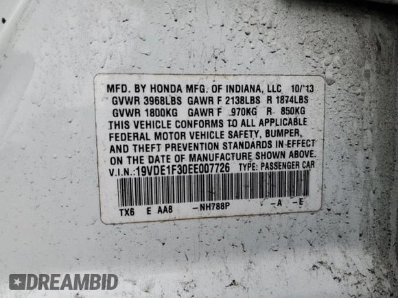2014 Acura ILX with VIN 19VDE1F30EE007726, listed as a Copart auction lot 58865895 with 67,231 mi miles and Salvage title. Bid and sale history available at DreamBid. Image 12.