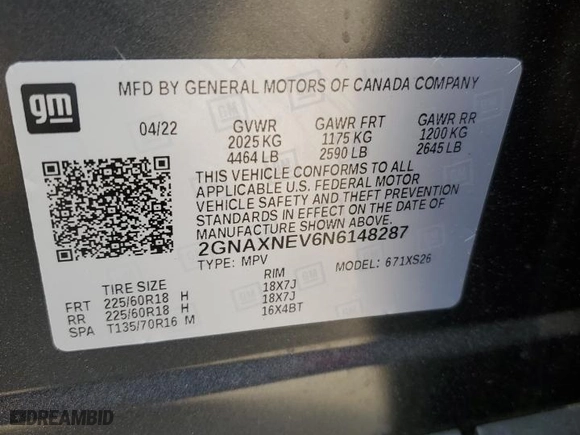 2022 Chevrolet Equinox Premier with VIN 2GNAXNEV6N6148287, listed as a Copart auction lot 42850125 with 35,397 mi miles and Salvage Title. Bid and sale history available at carsss.com. Image 15.