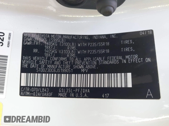 2018 Toyota Sienna XLE with VIN 5TDDZ3DC6JS199051, listed as a IAAI auction lot 41945587 with 58,818 mi miles and . Bid and sale history available at DreamBid. Image 9.