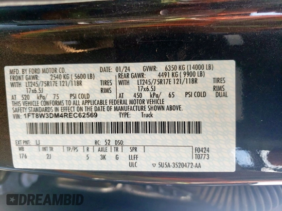2024 Ford F-350 XL z VIN 1FT8W3DM4REC62569, wystawiony jako Copart lot #58057795 z przebiegiem Nie podano mil oraz Szkoda całkowita • Salvage title. Historia ofert i sprzedaży dostępna na DreamBid. Obrazek 12.