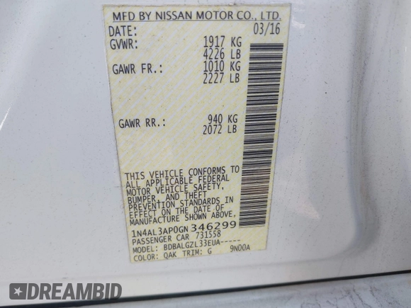 2016 Nissan Altima S with VIN 1N4AL3AP0GN346299, listed as a IAAI auction lot 41175192 with 139,856 mi miles and . Bid and sale history available at carsss.com. Image 9.