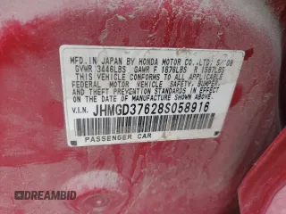 2008 Honda Fit Sport with VIN JHMGD37628S058916, listed as a Copart auction lot 48727835 with 190,109 mi miles and Salvage Title. Bid and sale history available at carsss.com. Image 12.