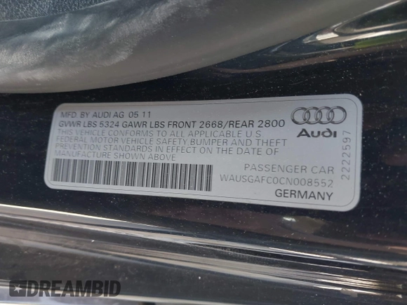2012 Audi A7 Prestige with VIN WAUSGAFC0CN008552, listed as a IAAI auction lot 42068614 with 107,400 mi miles and . Bid and sale history available at DreamBid. Image 9.