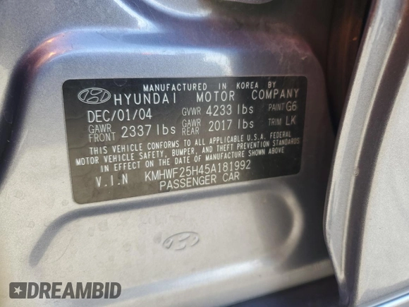 2005 Hyundai Sonata GL with VIN KMHWF25H45A181992, listed as a Copart auction lot 46106585 with 94,264 mi miles and Salvage Title. Bid and sale history available at carsss.com. Image 12.