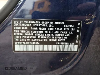 2014 Volkswagen Passat SE with VIN 1VWBT7A37EC098304, listed as a Copart auction lot 47941165 with 139,759 mi miles and Salvage title. Bid and sale history available at DreamBid. Image 14.