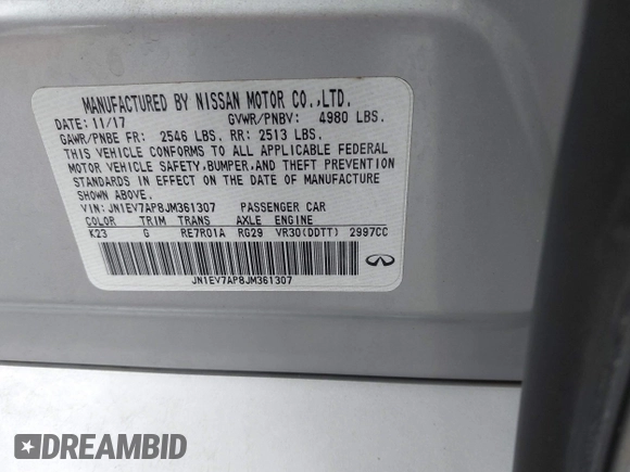 2018 Infiniti Q50 Luxe with VIN JN1EV7AP8JM361307, listed as a IAAI auction lot 41857098 with 98,243 mi miles and . Bid and sale history available at DreamBid. Image 9.