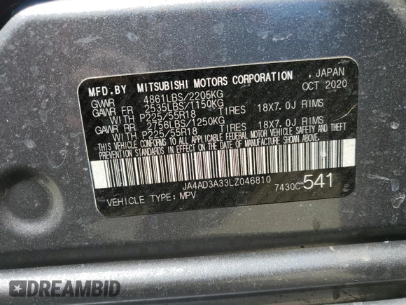 2020 Mitsubishi Outlander SE with VIN JA4AD3A33LZ046810, listed as a Copart auction lot 57173045 with 167,954 mi miles and Salvage title. Bid and sale history available at DreamBid. Image 13.