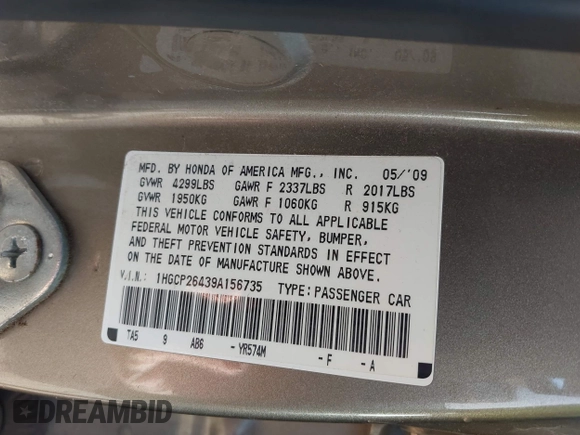 2009 Honda Accord LX-P with VIN 1HGCP26439A156735, listed as a IAAI auction lot 41995906 with 185,169 mi miles and . Bid and sale history available at DreamBid. Image 9.