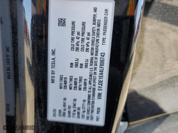 2020 Tesla Model 3 Standard Range Plus with VIN 5YJ3E1EA4LF806743, listed as a Copart auction lot 44578435 with 35,113 mi miles and Salvage Title. Bid and sale history available at carsss.com. Image 13.