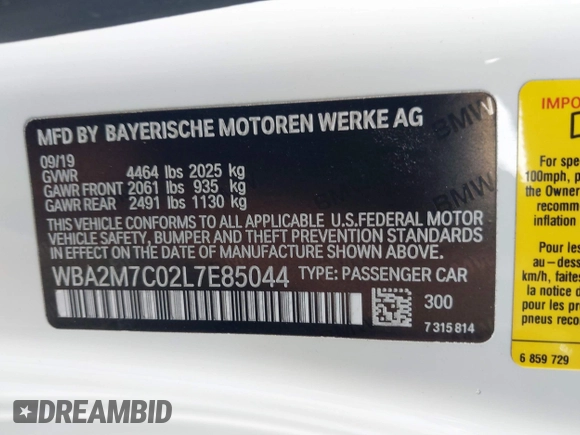 2020 BMW 2 Series 230i with VIN WBA2M7C02L7E85044, listed as a IAAI auction lot 41625210 with 27,232 mi miles. Bid and sale history available at carsss.com. Image 9.