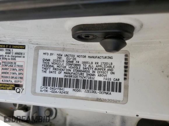 2005 Toyota Corolla CE с VIN 1NXBR32E75Z471812, выставлен на аукционе Copart как лот 61029935 с пробегом 250 625 миль миль и Списание • Salvage title. История ставок и продаж доступна на DreamBid. Изображение 12.