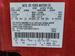 2008 Ford F-150 XL with VIN 1FTRF12W78KC74213, listed as a Copart auction lot 46517675 with 92,239 mi miles and Salvage title. Bid and sale history available at DreamBid. Image 12.