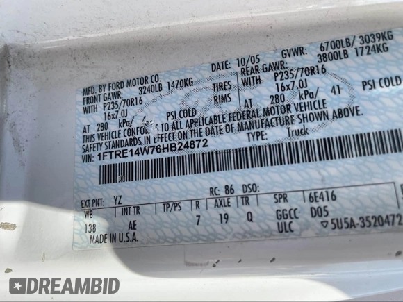 2006 Ford Econoline Cargo with VIN 1FTRE14W76HB24872, listed as a IAAI auction lot 42081212 with Not Provided miles and . Bid and sale history available at carsss.com. Image 9.