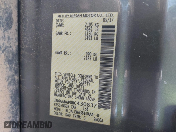 2017 Nissan Maxima SV with VIN 1N4AA6AP0HC430837, listed as a IAAI auction lot 42072840 with 97,970 mi miles and . Bid and sale history available at DreamBid. Image 9.