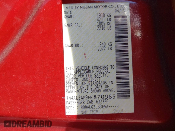 2015 Nissan Altima 2.5 S with VIN 1N4AL3AP9FN870985, listed as a IAAI auction lot 41663676 with 153,216 mi miles. Bid and sale history available at carsss.com. Image 9.