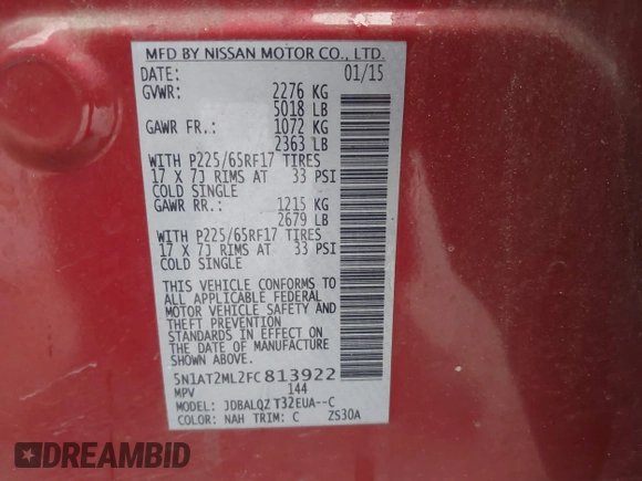 2015 Nissan Rogue SV with VIN 5N1AT2ML2FC813922, listed as a IAAI auction lot 42070058 with 177,592 mi miles and . Bid and sale history available at carsss.com. Image 9.