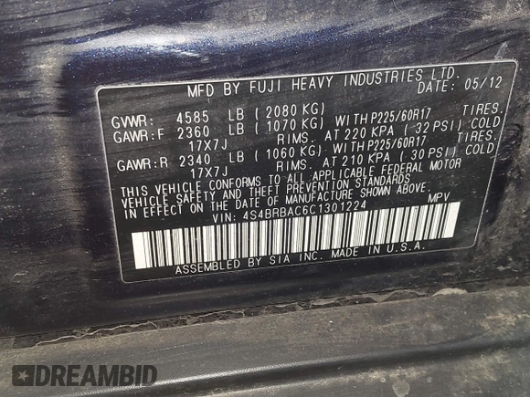 2012 Subaru Outback 2.5i with VIN 4S4BRBAC6C1301224, listed as a IAAI auction lot 41873071 with 202,576 mi miles and . Bid and sale history available at DreamBid. Image 9.