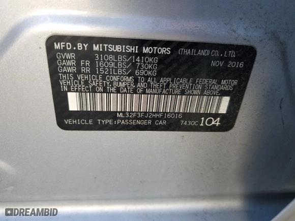 2017 Mitsubishi Mirage G4 ES with VIN ML32F3FJ2HHF16016, listed as a Copart auction lot 48218415 with 81740 miles and Salvage Title. Bid and sale history available at carsss.com. Image 12.