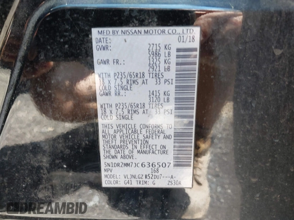 2018 Nissan Pathfinder SV with VIN 5N1DR2MM7JC636507, listed as a IAAI auction lot 42512002 with 148,304 mi miles and . Bid and sale history available at DreamBid. Image 9.