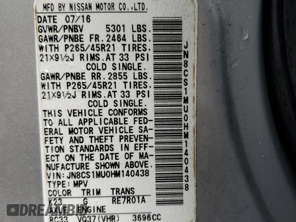 2017 Infiniti QX70 with VIN JN8CS1MU0HM140438, listed as a Copart auction lot 45424975 with 112,925 mi miles and Salvage title. Bid and sale history available at DreamBid. Image 14.