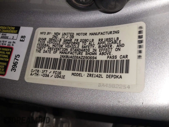 2010 Toyota Corolla z VIN 1NXBU4EE6AZ290694, wystawiony jako IAAI lot #42288917 z przebiegiem Nie podano mil oraz . Historia ofert i sprzedaży dostępna na DreamBid. Obrazek 9.