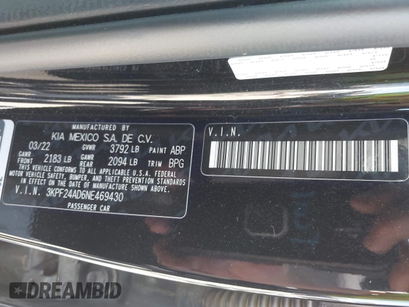 2022 Kia Forte LXS z VIN 3KPF24AD6NE469430, wystawiony jako IAAI lot #41969366 z przebiegiem 100 526 mil mil oraz . Historia ofert i sprzedaży dostępna na DreamBid. Obrazek 9.